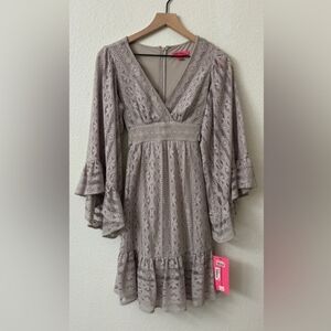 New Betsey Johnson Lace Mesh Boho Back Tie Dress size 2 grey/beige